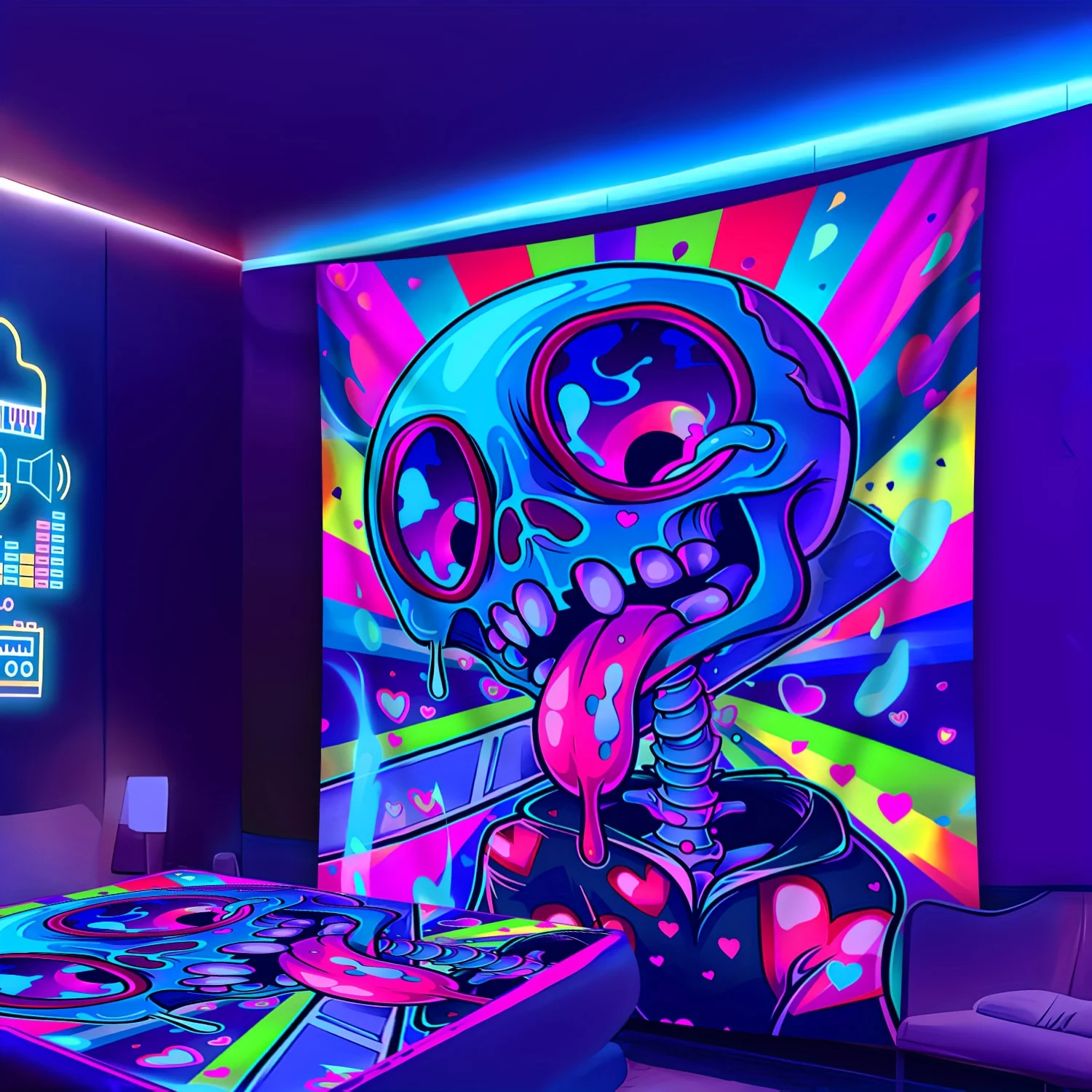 

VIKAMA Psychedelic Skull Heart Tapestry Vibrant Eyeball Design Unique Bedroom Decor Musician Studio Retro-Themed Room Accent