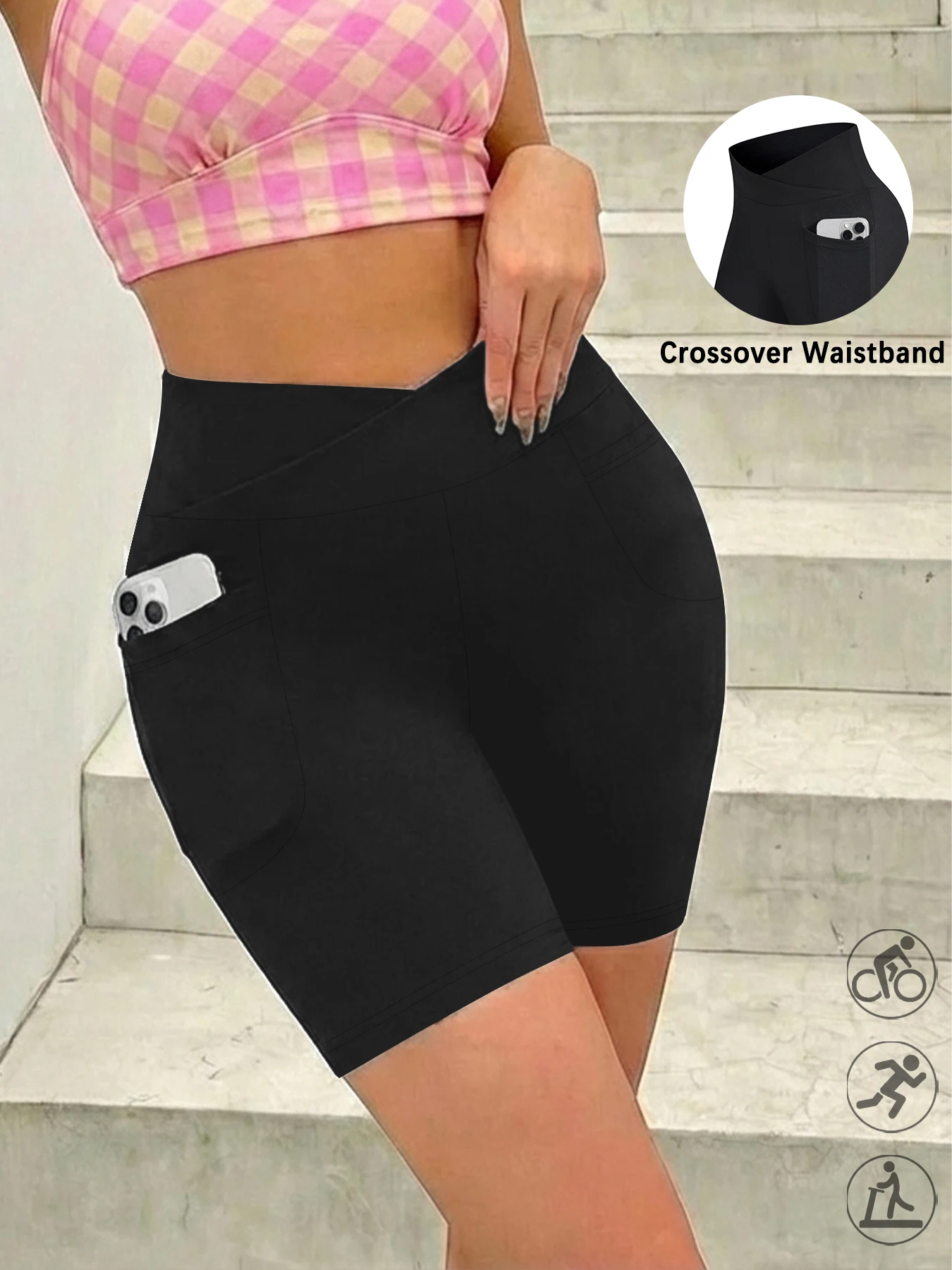 Women's Super Soft Crossover High Waisted Biker Shorts With Pockets Tummy Control No See Through Workout Yoga Running Shorts