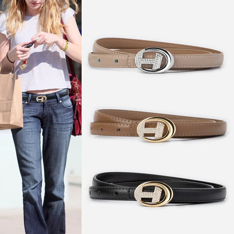 

New Luxury Women's Genuine Leather Belts Diamond Buckle Women's High Quality Cowhide Thin Belt Jeans Fashion Casual Waistband