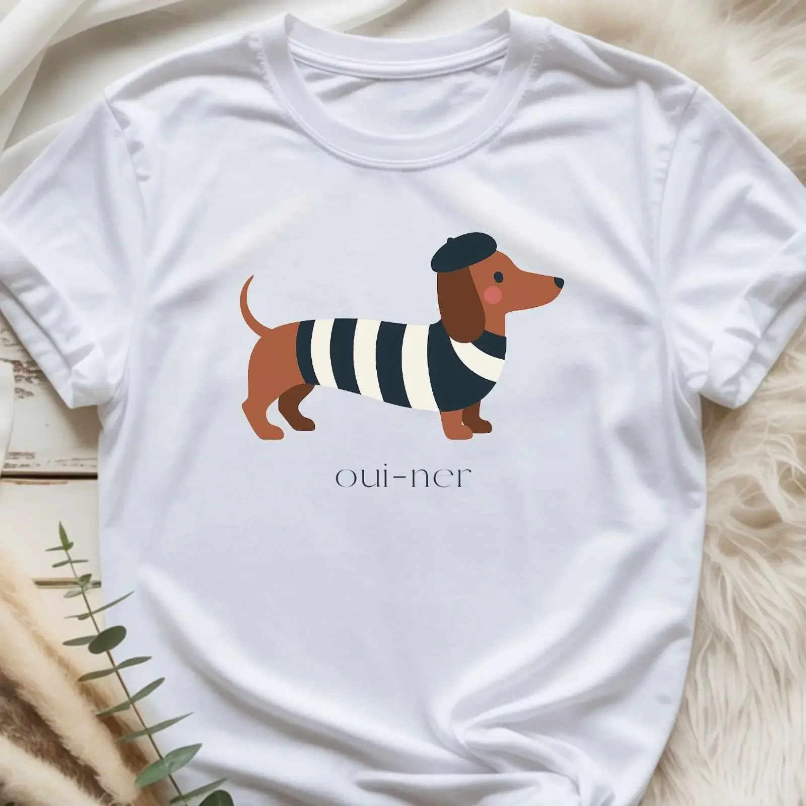 Camiseta con estampado de Dachshund Francés Oui Ner, diseño de Perro Salchicha con Boina, Divertida, Casual, para Amantes, Estilo Vintage, Lavada y Elástica