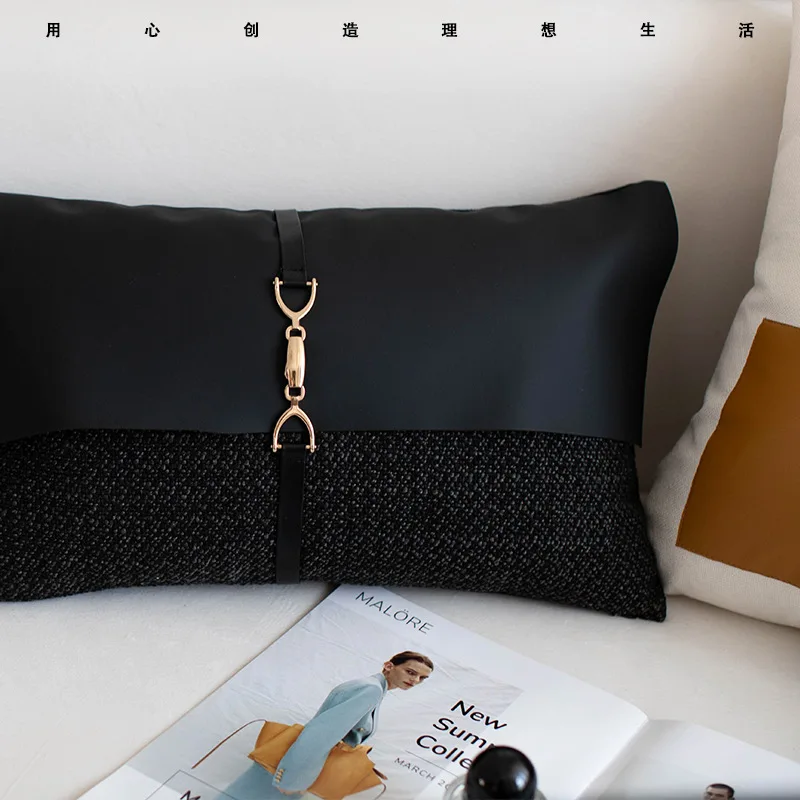 Simple Morden Black Pu Leather Cushion Cover Metal Buckle Waist Pillowcase Sofa High-end Lumbar Pillow Cover 30X50 45X45CM