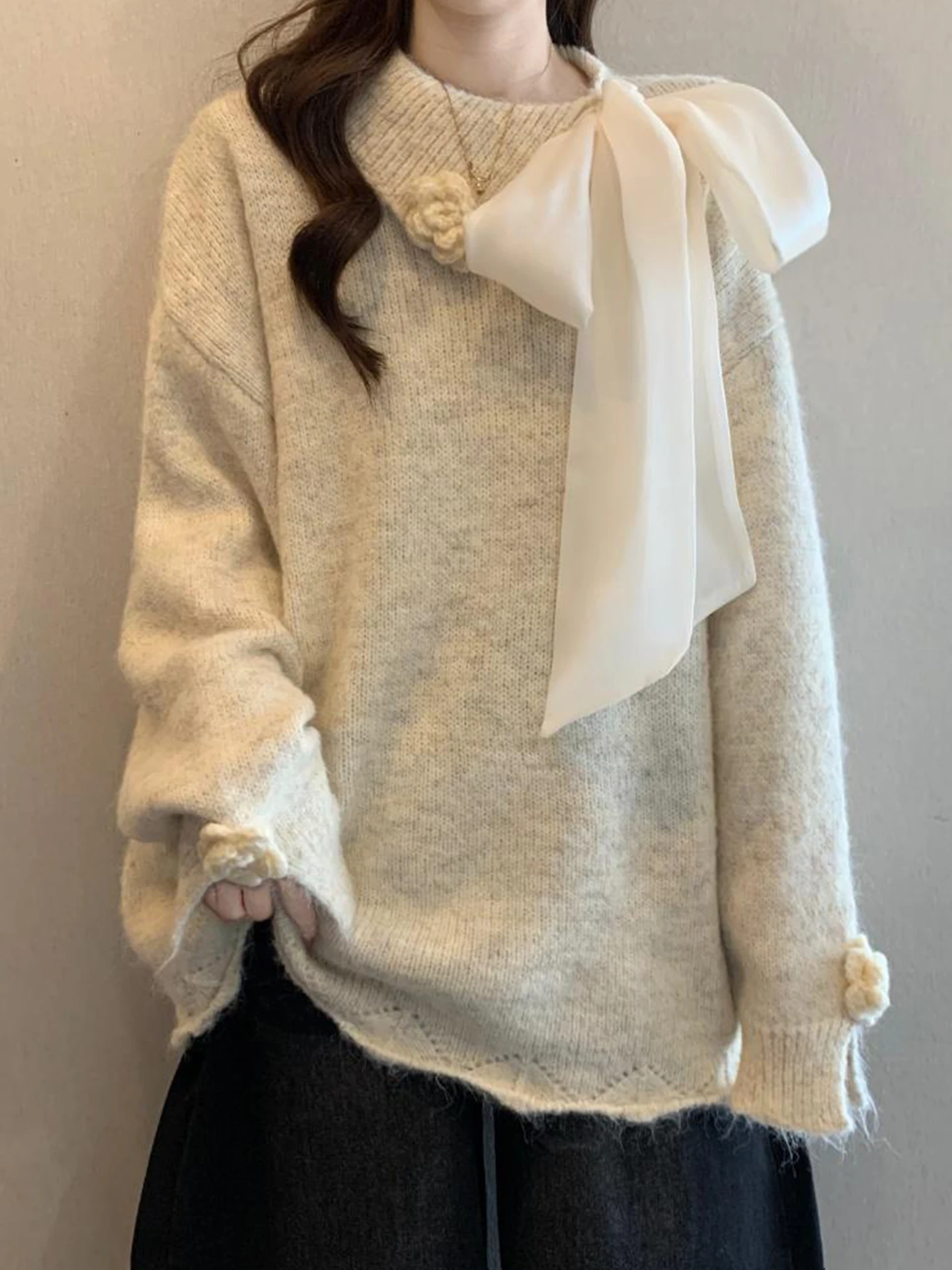 

Ele Knitted Sweater with Bow Collar for Women Autumn Winter plus Size Comfortable Outerwear Sli Lazy Girl Look
