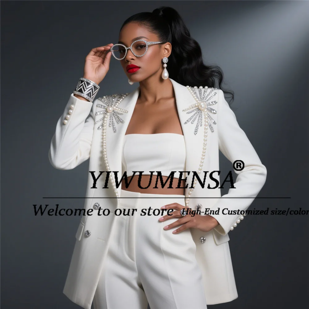 

Glitter Beaded Pearls Mother Of Bride Dresses Customized Double Breasted Jacket Pants 2 Pieces Women Suits Evening Party Clothes