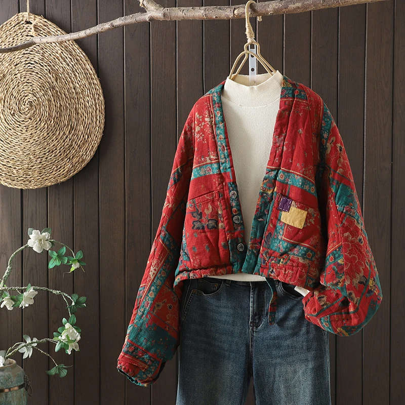 

Retro Ethnic Print Cotton Jacket Short Handmade Interlined Ultra Loose Batwing Sleeve Women's Autumn Winter Fashion Outerwear
