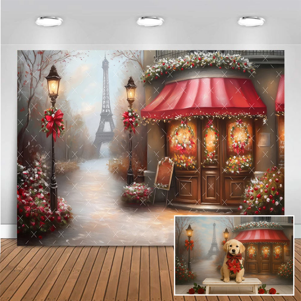 

Oil Painting Romantic Paris Christmas Photography Backdrop Adult Kids Portrait Backgrounds Red Wreath Photo Studio Props