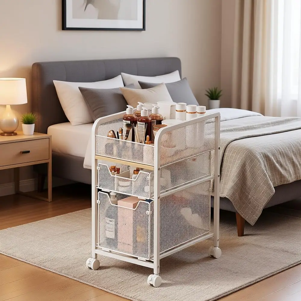 

White Rolling Makeup Cart Organizer with 2 Drawers, Compact Vanity Storage for Skincare, Cosmetics, Nail Polish, and Perfume