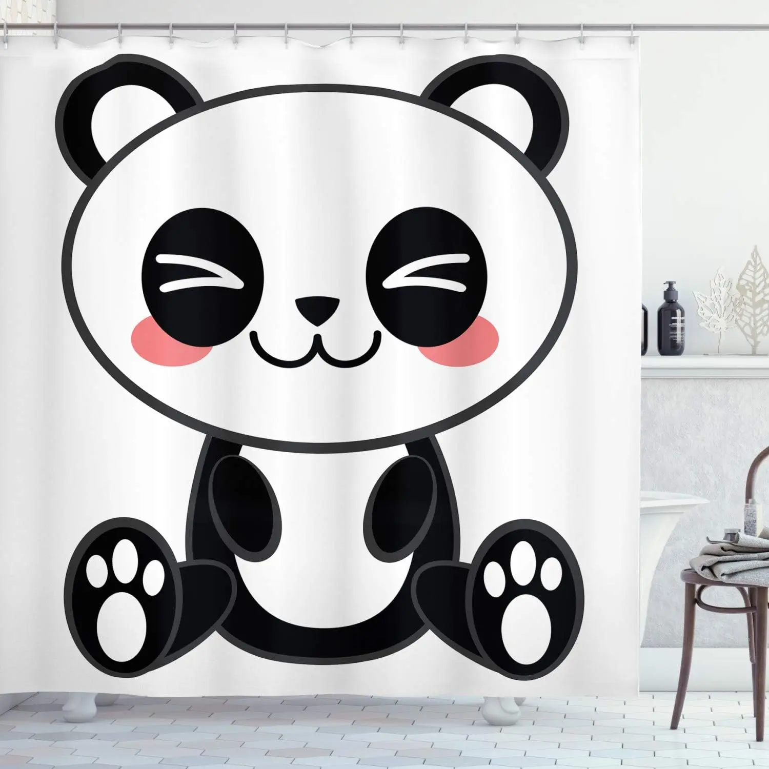 Cute Cartoon Panda Face Shower Curtain, Kawaii Black & White Animal Print, Kids Bathroom Decor, Waterproof Polyester