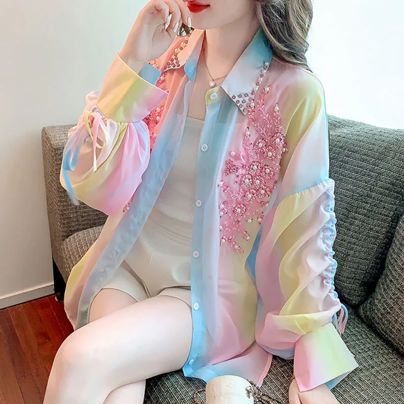 2024 Summer New Ladies Beaded Embroidery Rainbow Mid-length Shirts Women\'s Loose Thin Drawstring Long Sleeve Sun Protection Tops