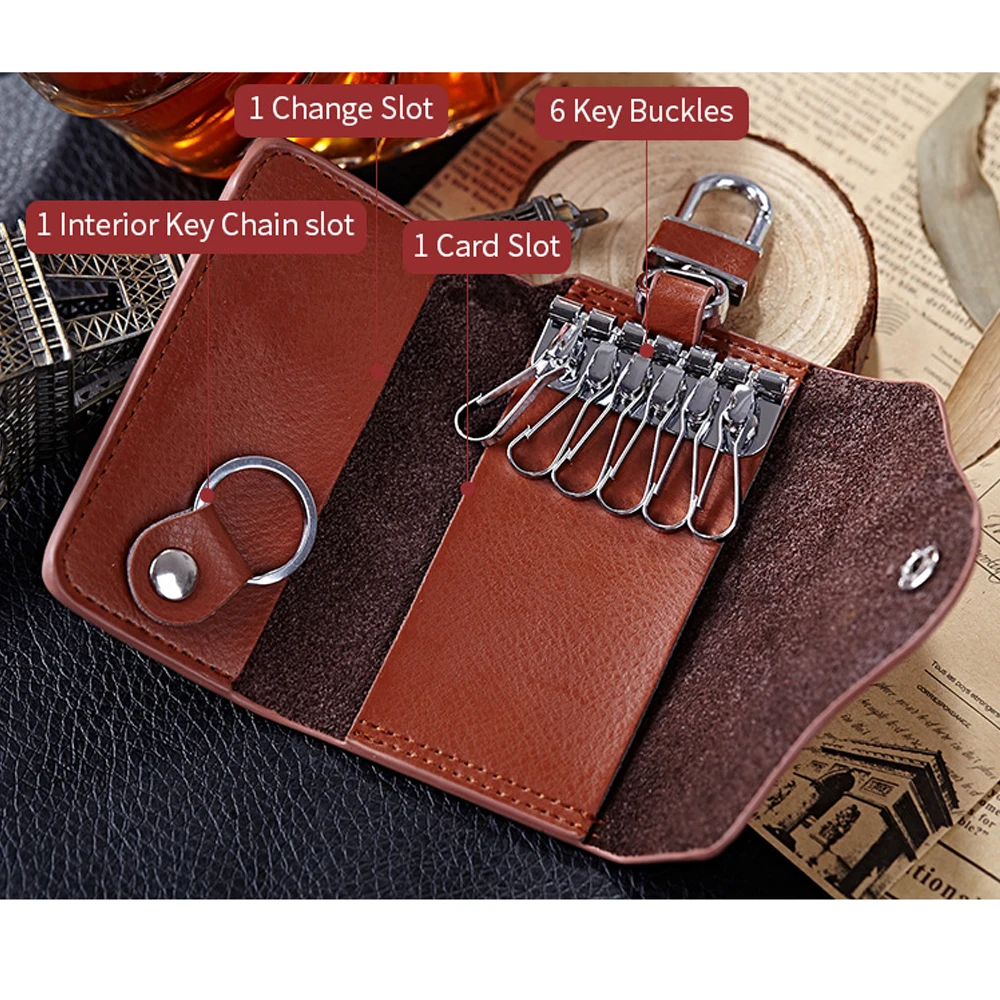 Cartera de cuero genuino para hombre y mujer, organizador de llaves, Funda de cuero dividida para llaves de coche, tarjetero Unisex