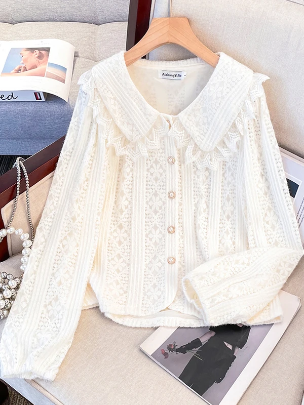 

plus Size Women's Spring New Style Doll Collar Lace Open Cardigan Top Trendy Ageless Fashionable Loose Bubble Sleeve Shirt