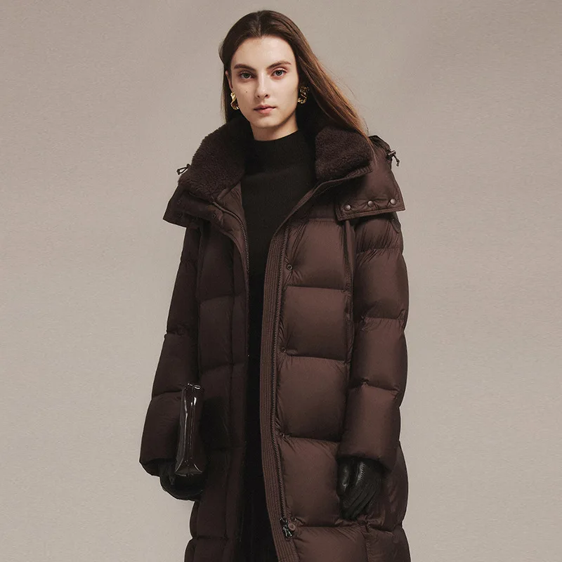 2026 Winter New Women's Down Jacket Windproof Hooded Lamb Wool Splicing Coat