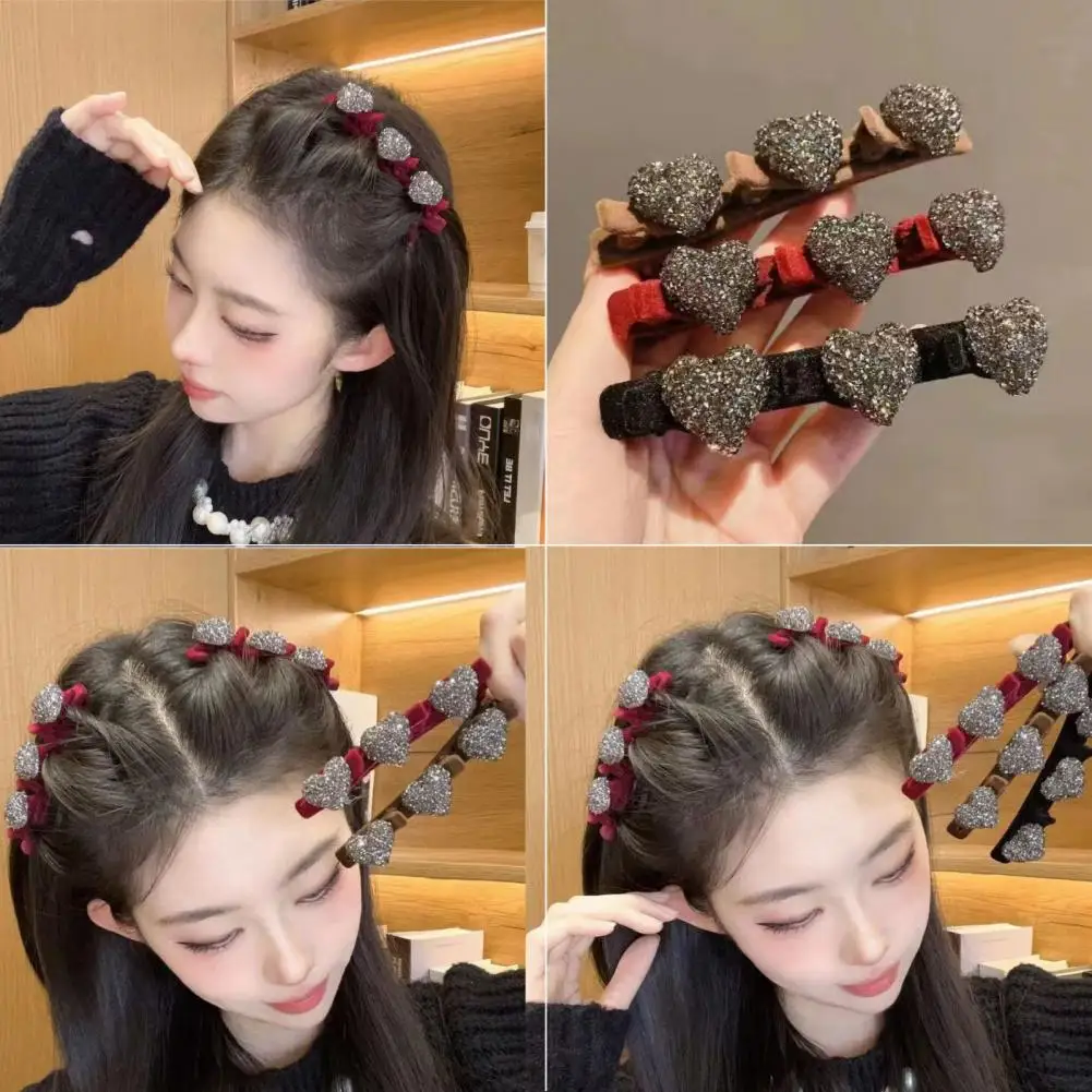 

Hairstyle Change Tools Rhinestone Heart Hair Clips Double Layer Bang Hairpins Women's Braided Hair Accessories for Women