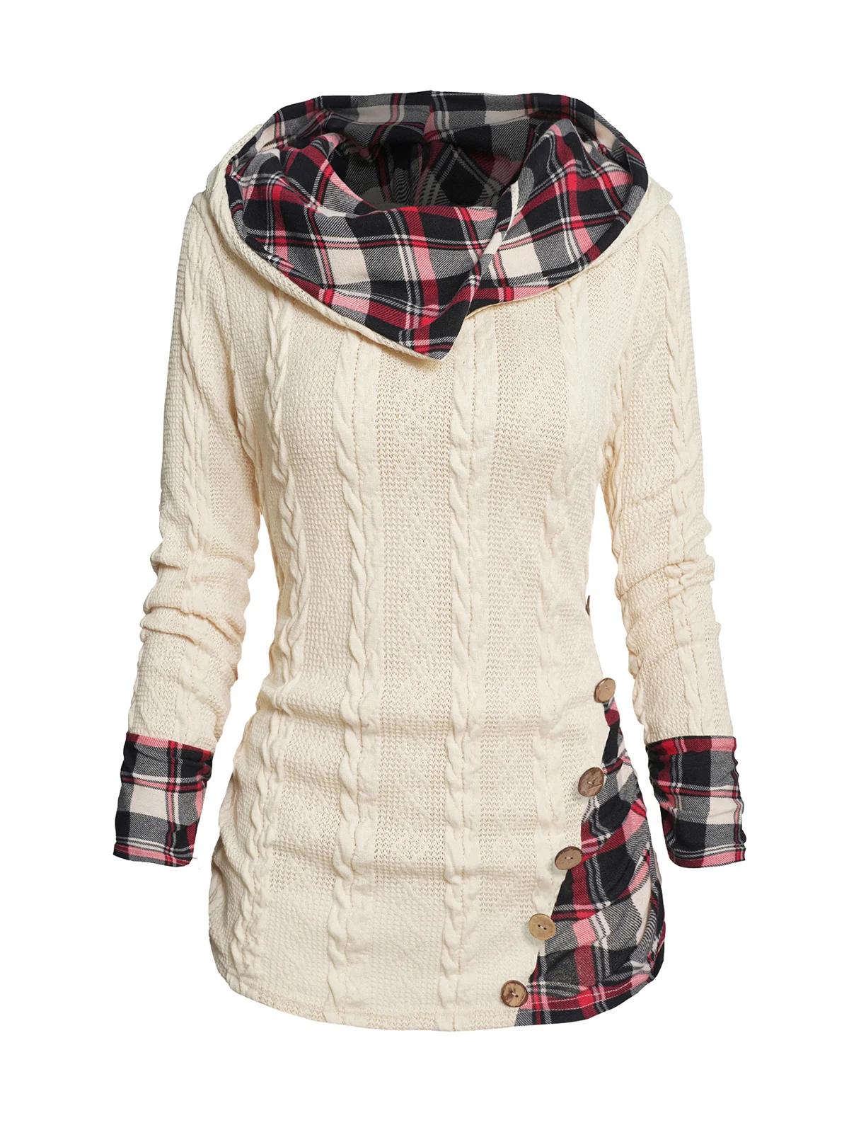 Dressfo Women's Top Fall Winter Twisted Cable Knit Plaid Print Hooded Sweater Mock Button Ruched Shawl Neck Sweater