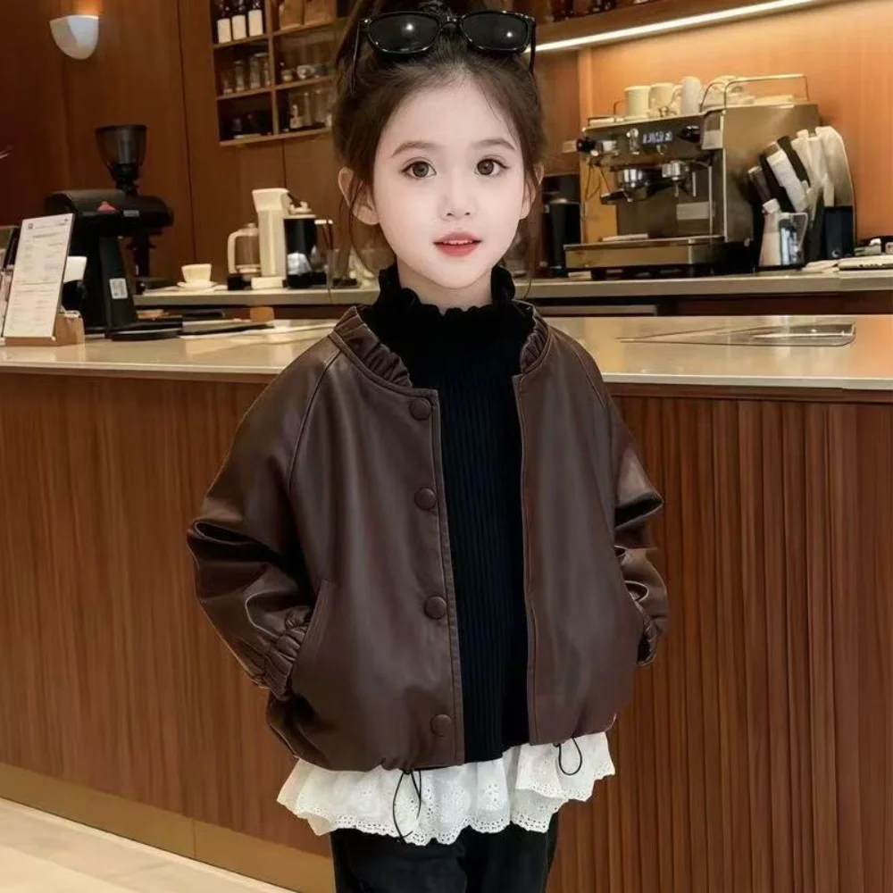 

90-140cm Baby Girl Leather Jacket Spring and Autumn Children's Casual Handsome PU Western Style Coat