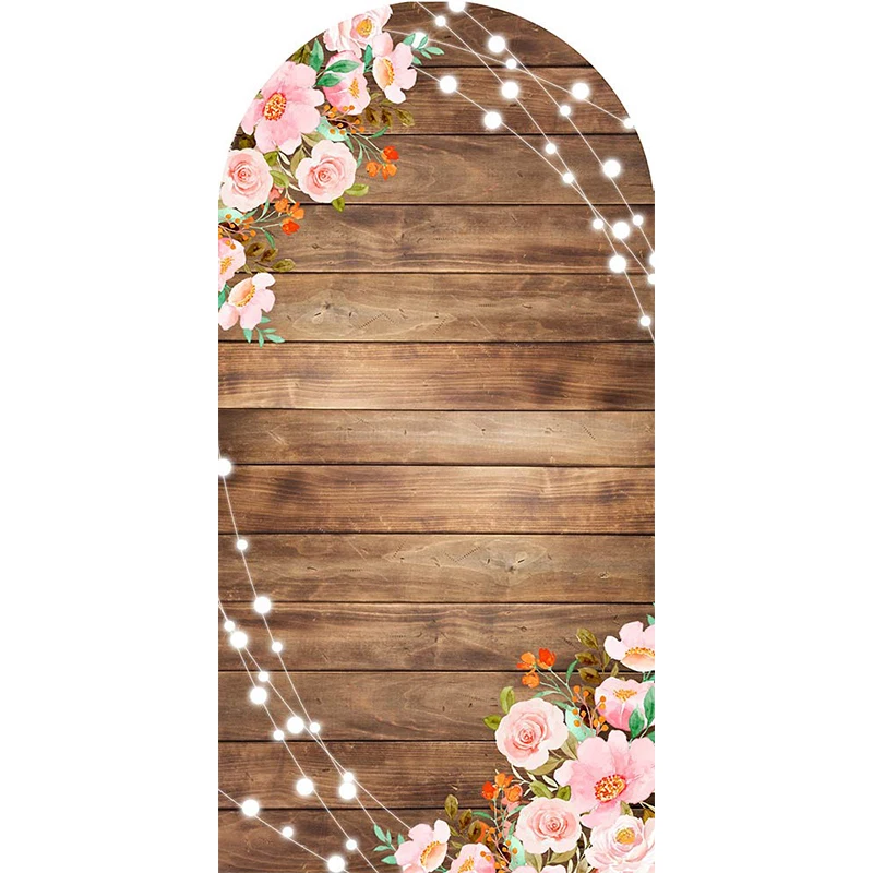 

LS Custom 2-Sided Brown Wooden Board Lights Flowers Kids Birthday Party Baby Shower Covers Chiara Arch Background Decor Backdrop