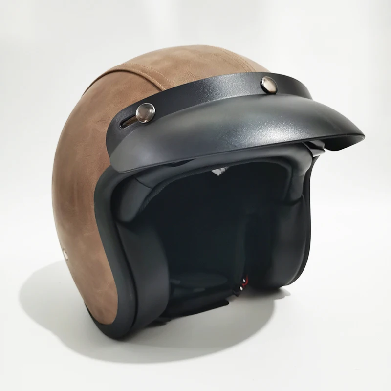 MTN Brown Leather Fabrics Open Face Motorcycle Helmet Casco Moto Leather Classic Vintage Helmets Can Pick Bubble Mask