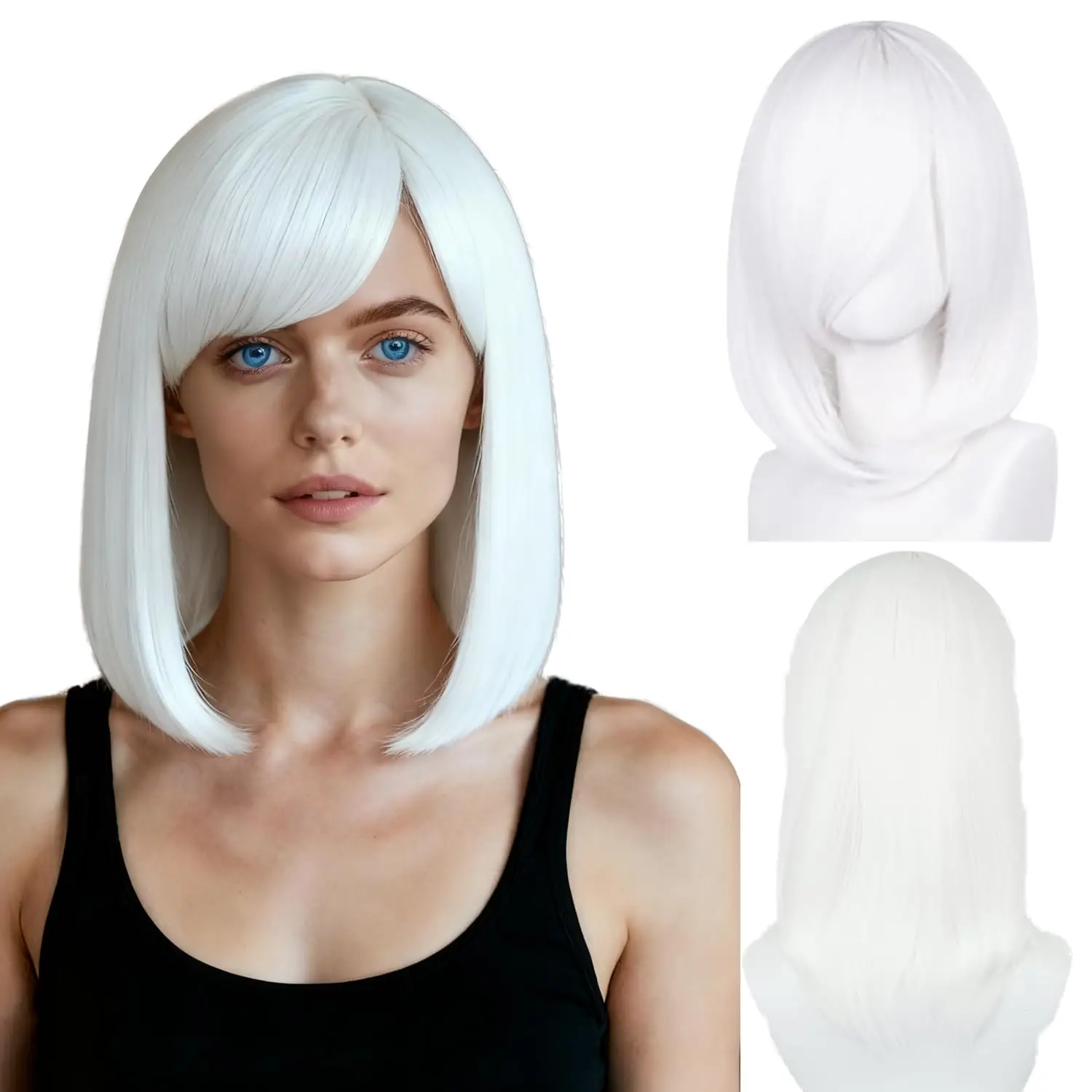 

Короткие белые женские парики, короткие прямые парики из синтетического волокна длиной до плеч, парик для косплея с полной челкой