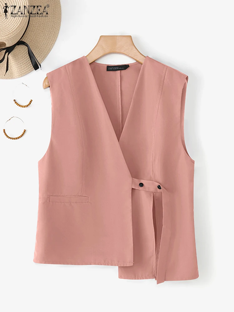 2025 ZANZEA Fashion Women Vests Autumn Outerwear Stylish V-Neck Vests Casual Solid Bandage Elegant Office Streetwear Thin Coats