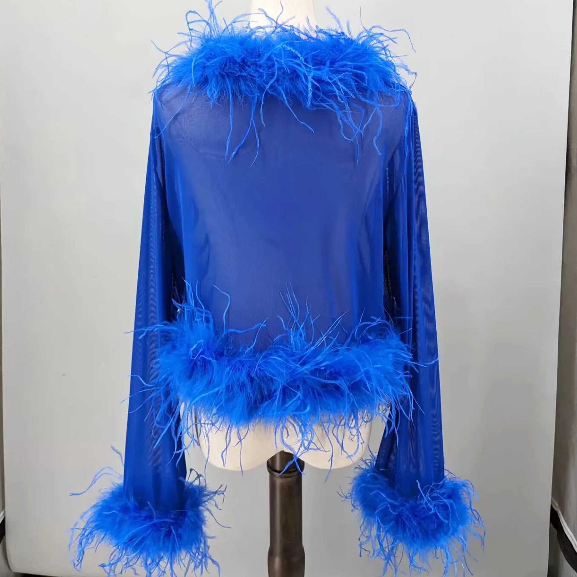 Women See-Through Top with Real Ostrich Feather Brown Black Cropped Jacket Top Bolero 240711