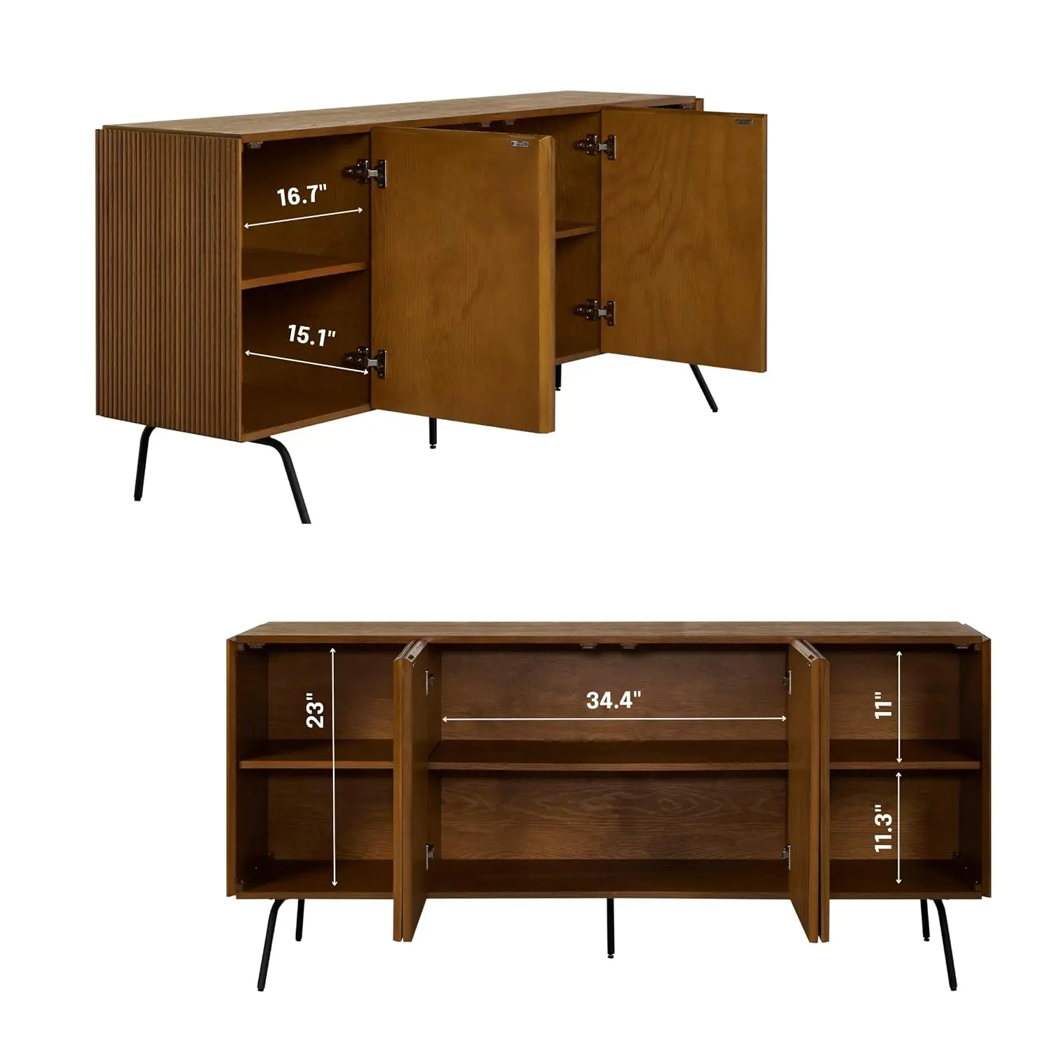 Modern Sideboard Buffet Cabinet with 4 Doors Vertical Groove Metal Legs Living Room Hallway Storage Rustic Oak, Customized