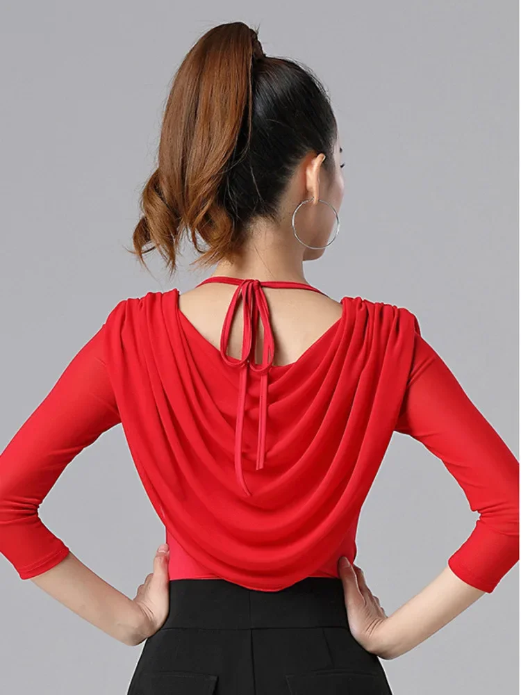 Elegant Slim Fit Ruffle Tassels Tops Dance Sports Costume Women Latin Top Waltz Adult Modern Wear Solid Color Samba Clothing