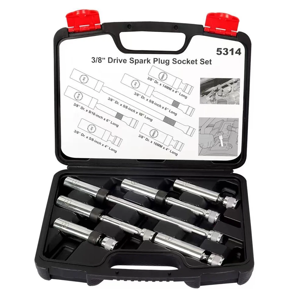 

6pcs 3/8" Drive Magnetic Swivel Spark Plug Socket Set 9/16” 5/8” 14mm 16mm Cr-V Steel Socket with 4” 6” and 10” Extensions