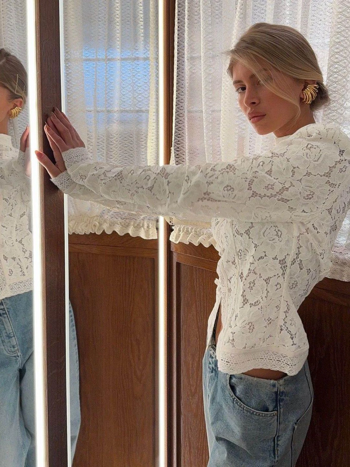 Elegant Long Sleeve Lace Shirt Women's Slim Fit Stand Collar Button up Hollow out Fashionable Top Cross-Border Style