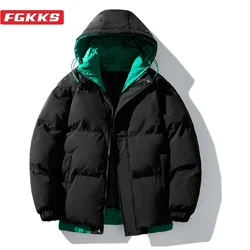 FGKKS 2024 parka rekreacyjna na świeżym powietrzu wyściełana bawełną męska kurtka z kapturem Slim-Fit wysokiej jakości Streetwear Parka wyściełana bawełną męska