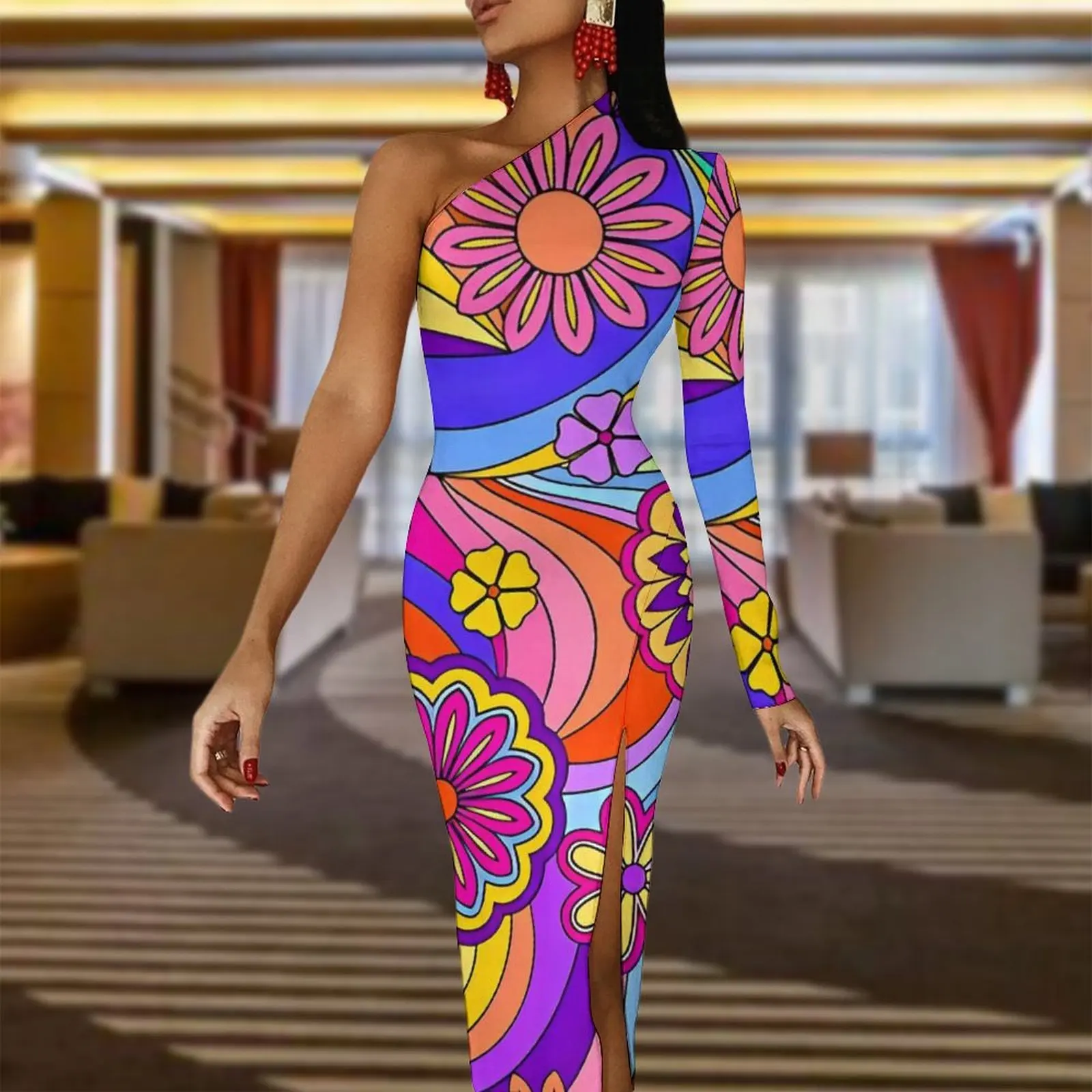 Groovy Psychedelic Flower Power Bodycon Dress Ladies  Club Maxi Dress One Shoulder Aesthetic Design Dresses Birthday Present