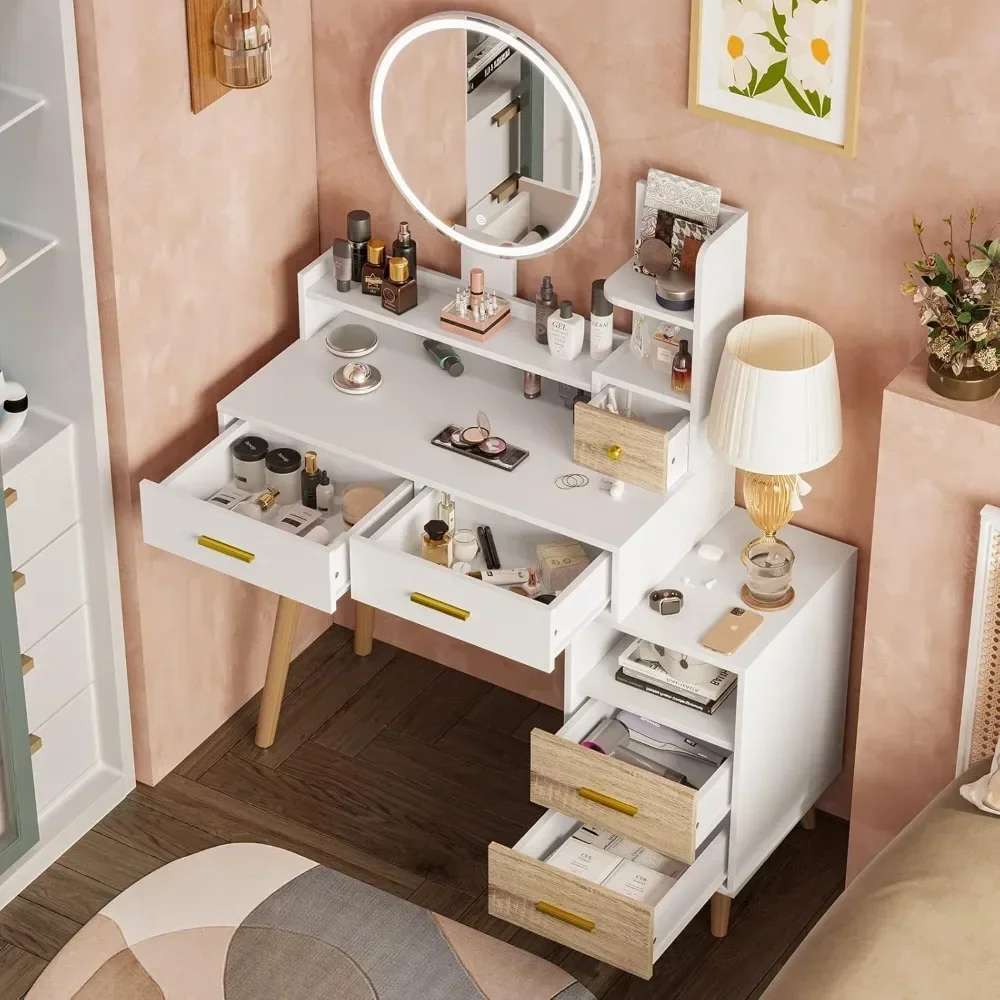 Dressing Table, Dressing Mirror with Light and 3-color Touch Screen Dimming Mirror, Dressing Table with 5 Drawers