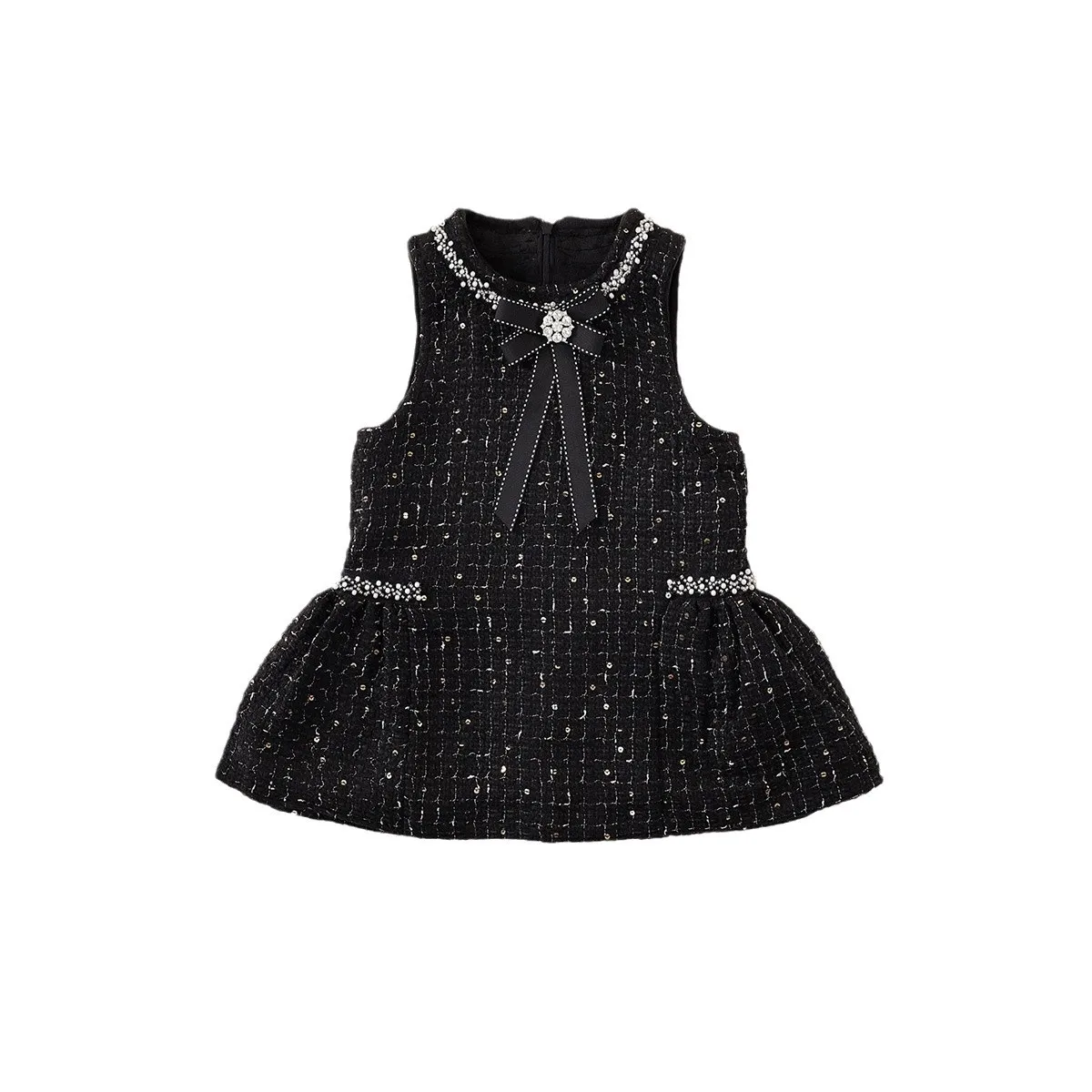 Girls' Coarse Tweed Sleeveless Vest Dress 2025 Autumn Winter Thick Velvet Baby Girls Beading Sequin Plaid Princess Dress