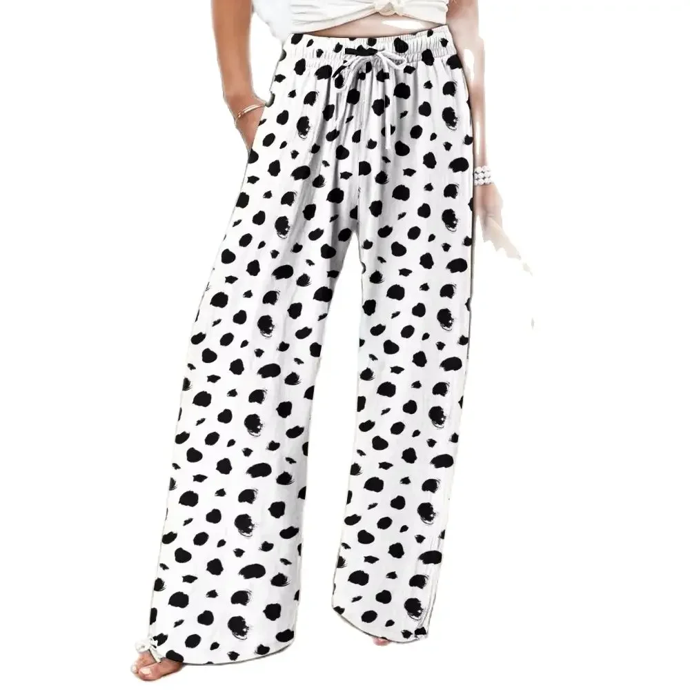 Women's Irregular Black Polka Dot Cow Spotted Pants Leg Daks Elastic Waist Casual Versatile Trousers Paired Camisoles Summer