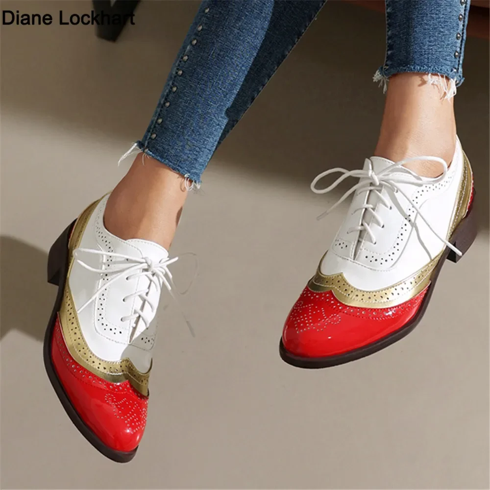 Lady British Style Leather Shoes Cross-Tied Patchwork Low Heels Chaussure Grain Texture Breathable Round Toe Oxfords Flats Shoes