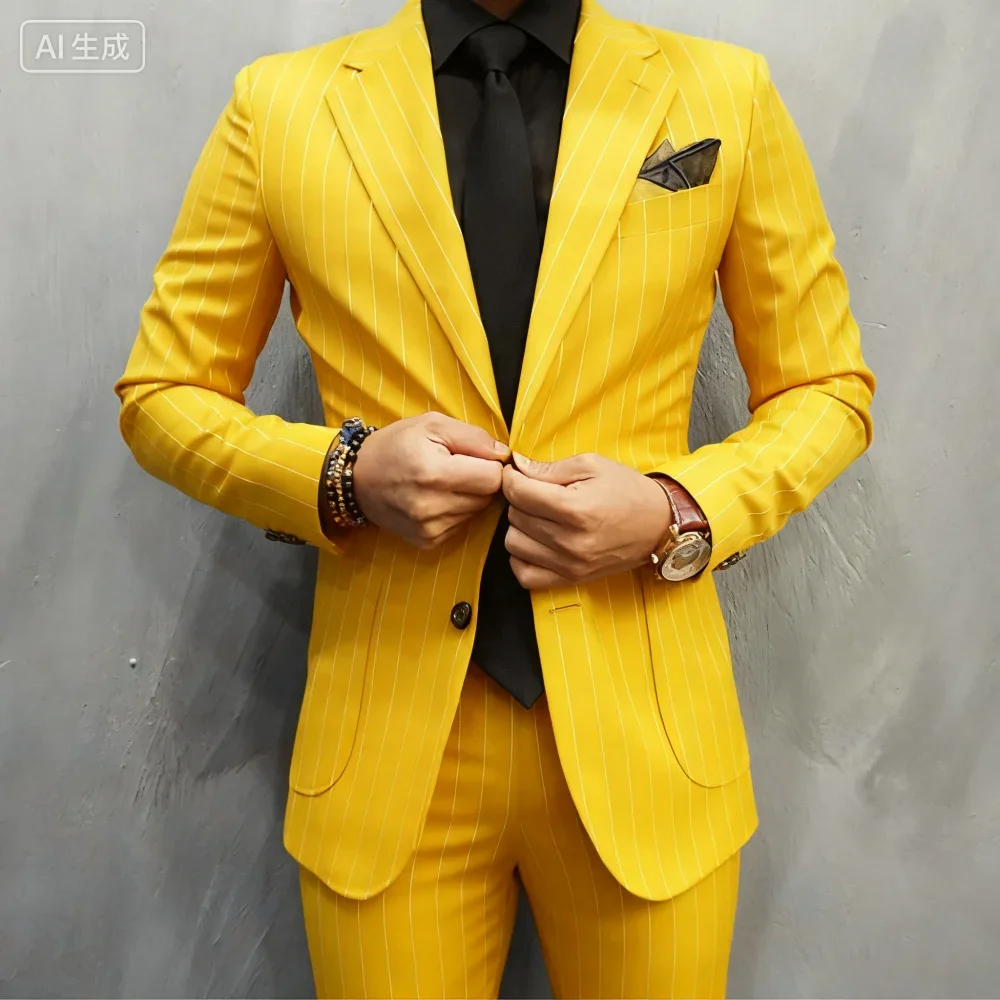 

Men's Striped Business Office Wear Ternos Unique Single Breasted Blazer Pants Formal Slim Fit Large Size Diary Male Black Suit