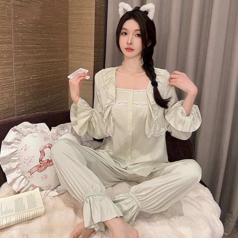 

Ruffles Pajamas Sleep Suit Women Ice Silk Sleepwear Homewear Long Sleeve Shirt Trousers Pyjamas Set Spring Nightsuits