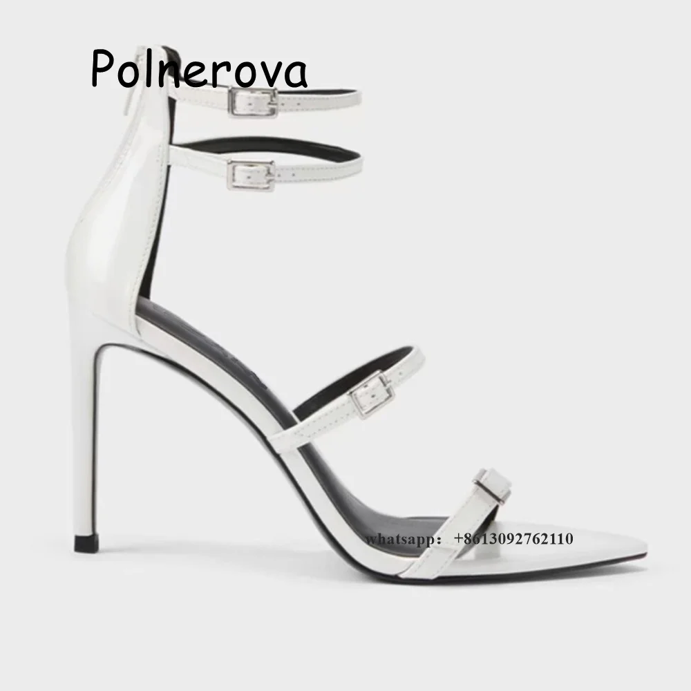 Black One Word Belt Sandals Metal Buckle Back Zipper Women's Shoes Thin High Heels Pointed Toe Summer All-Match Ladies Sandals