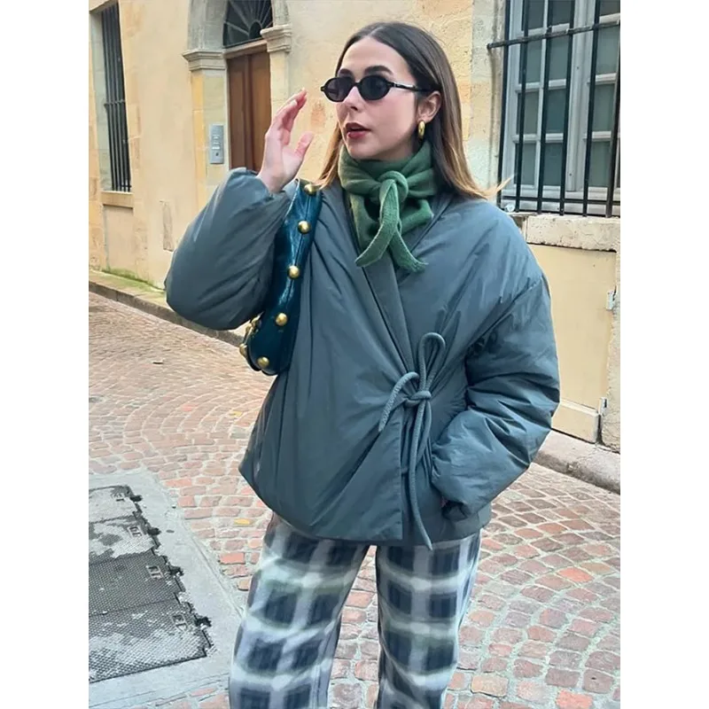 

Chic Solid Cotton Padded Coats For Women Elegant Long Sleeve Side Lace Up Jacket Autumn Winter Lady Street Kimono Outerwear