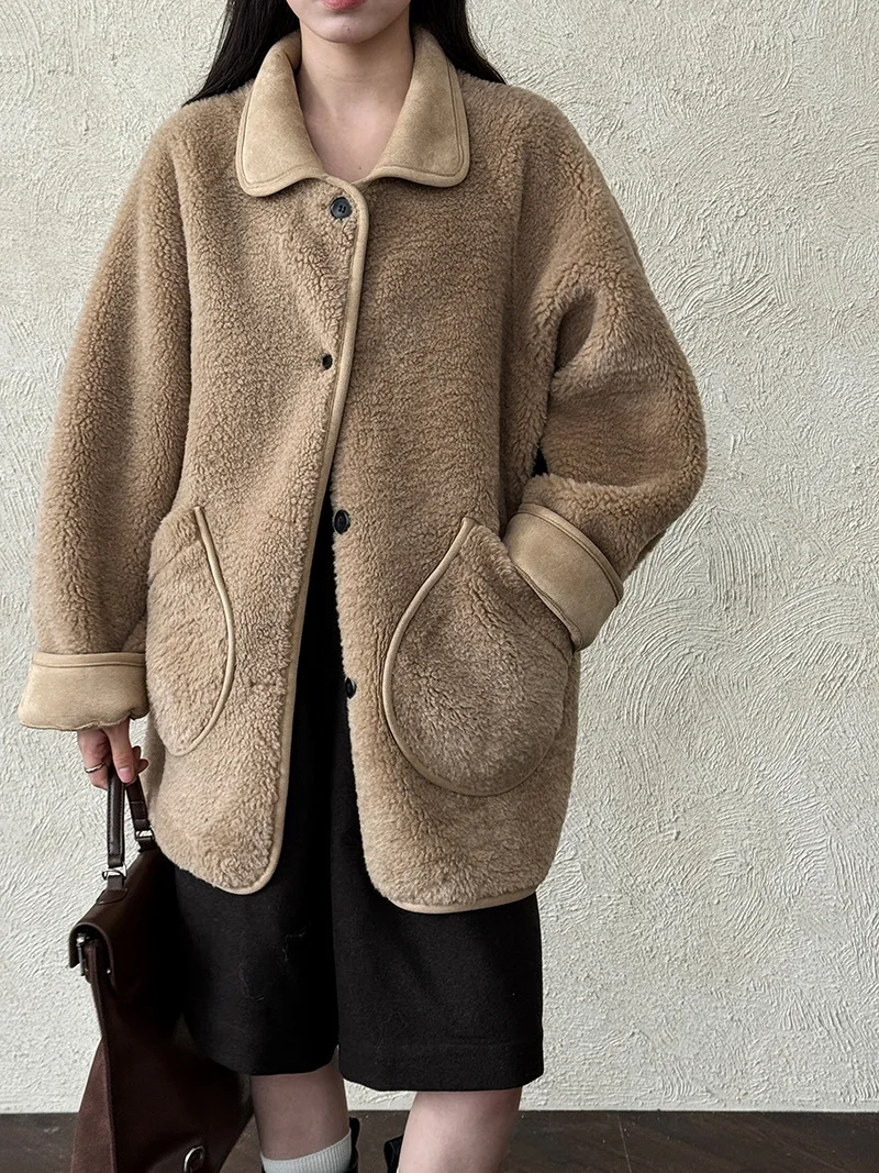 LIMO Cappotto in lana di agnello moda Giacca da donna in finta pelle di montone Capispalla in poliestere spandex per l'autunno inverno Pendolarismo quotidiano