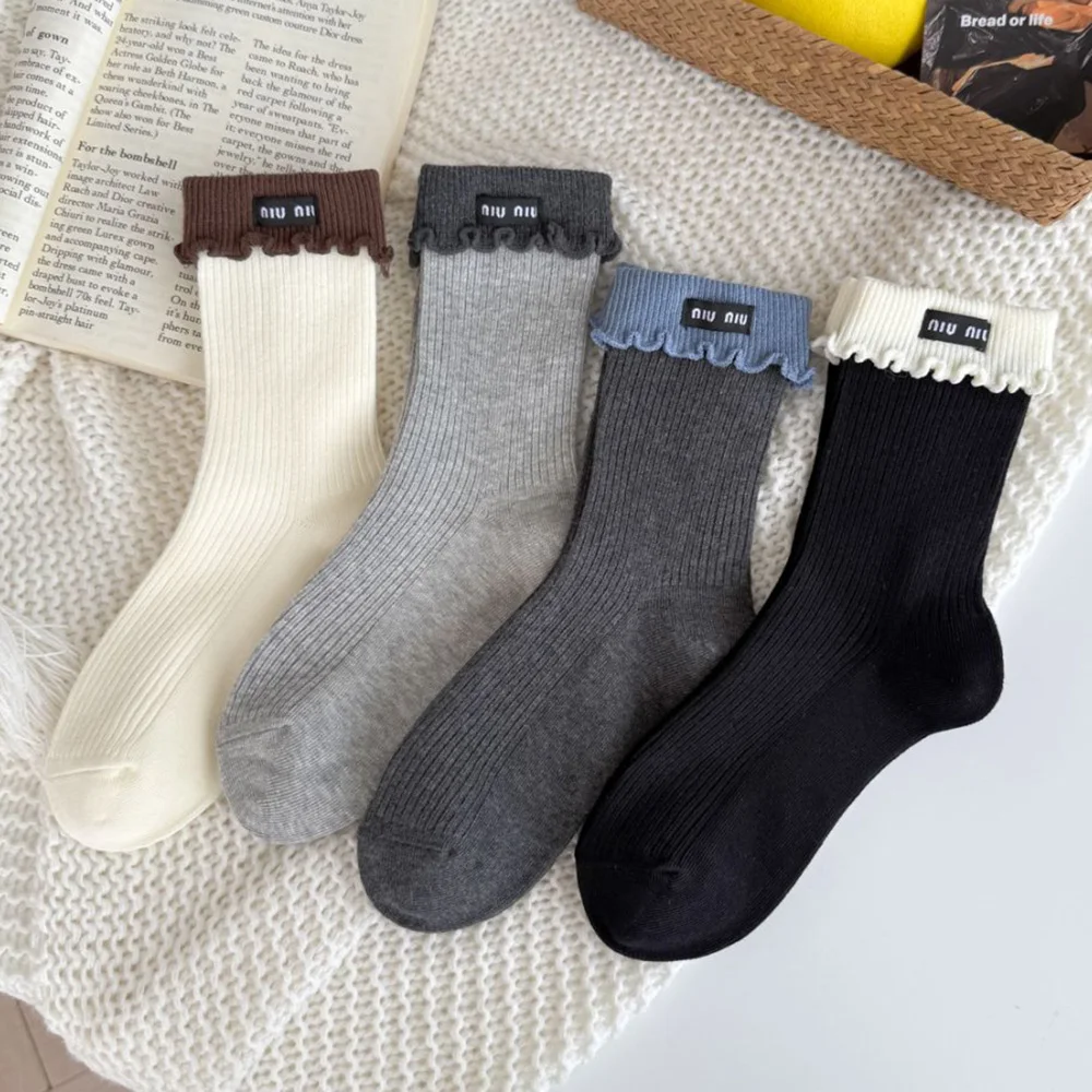 

Japanese Style Women's Long Socks With Cloth Label Letters Fashion Brand Middle Tube Fluffy Socks For Autumn Winter