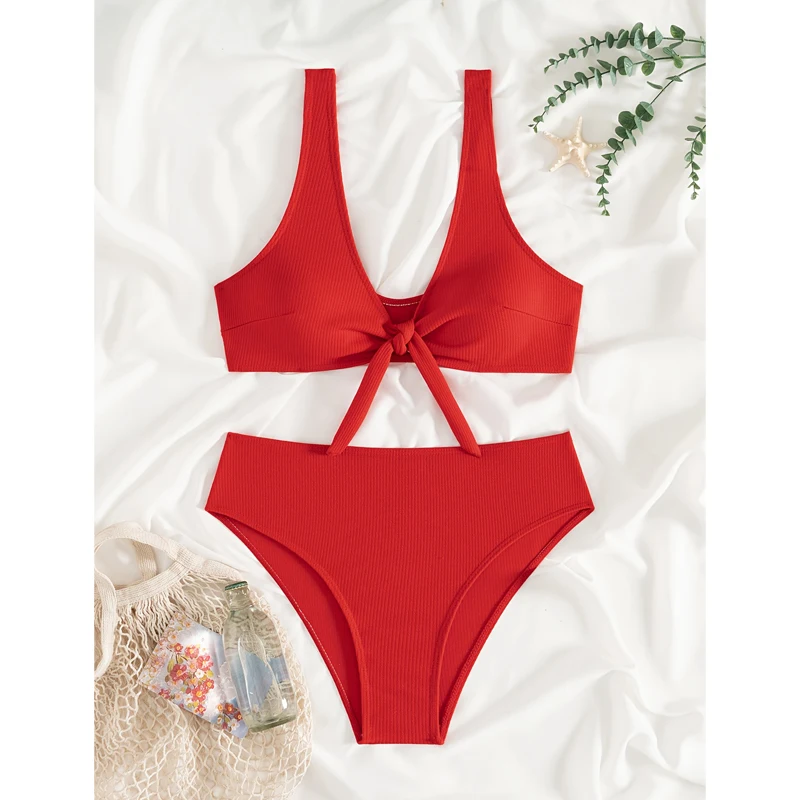 Costume da bagno rosso a vita alta Costume da bagno donna Abiti a due pezzi Costumi da bagno Costume da bagno annodato femminile Abbigliamento da spiaggia Costume da bagno per le vacanze 2025