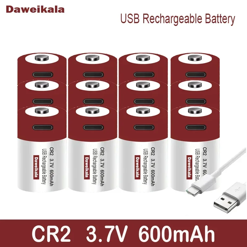 Bateria de lítio recarregável USB, CR2, 3.7V, 600mAh, bateria para GPS