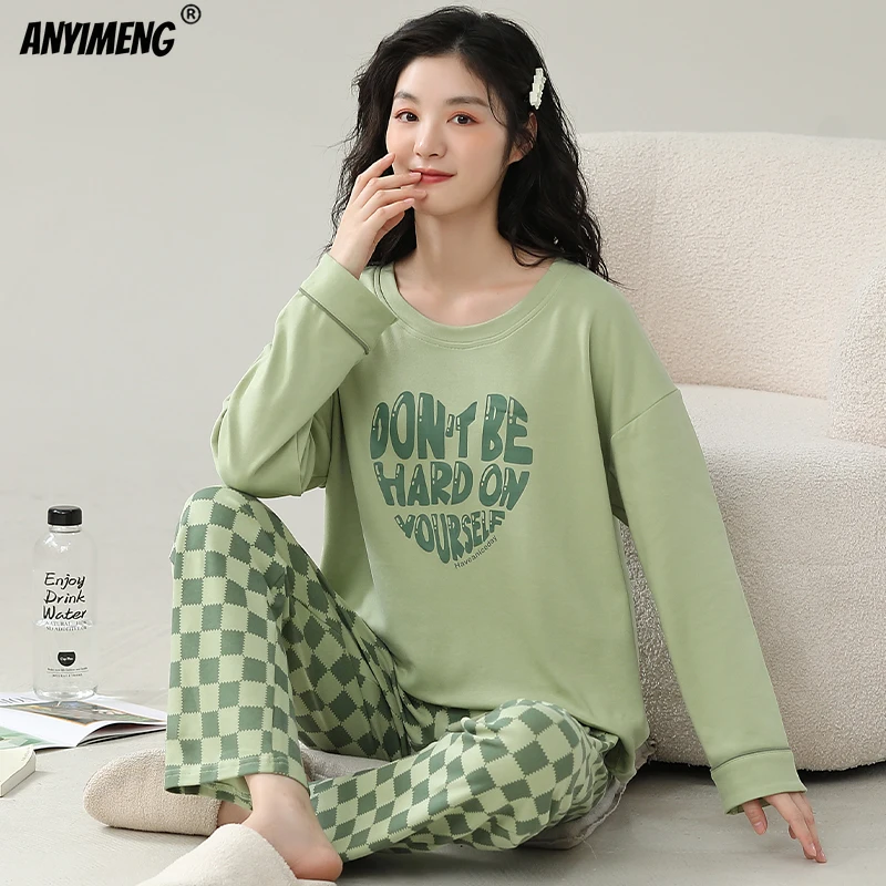 Pure Cotton Women Pajama Sets Autumn Winter Long Sleeves Plaid Pants Pijamas Purple Loungewear Round Collar Girl Sleepwear