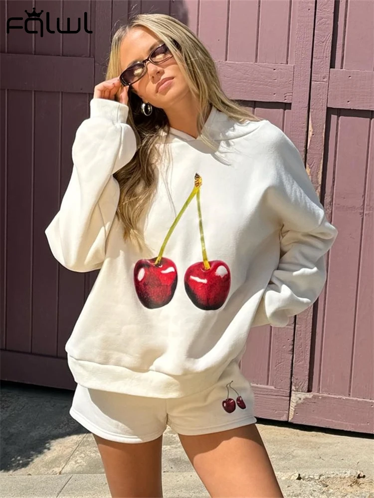 

Habbris Autumn Vintage Cherry Printed 2 Piece Set Vacation Casual Clothing Women 2024 Y2k Aesthetic Hooded Sweatshirt Shorts Set