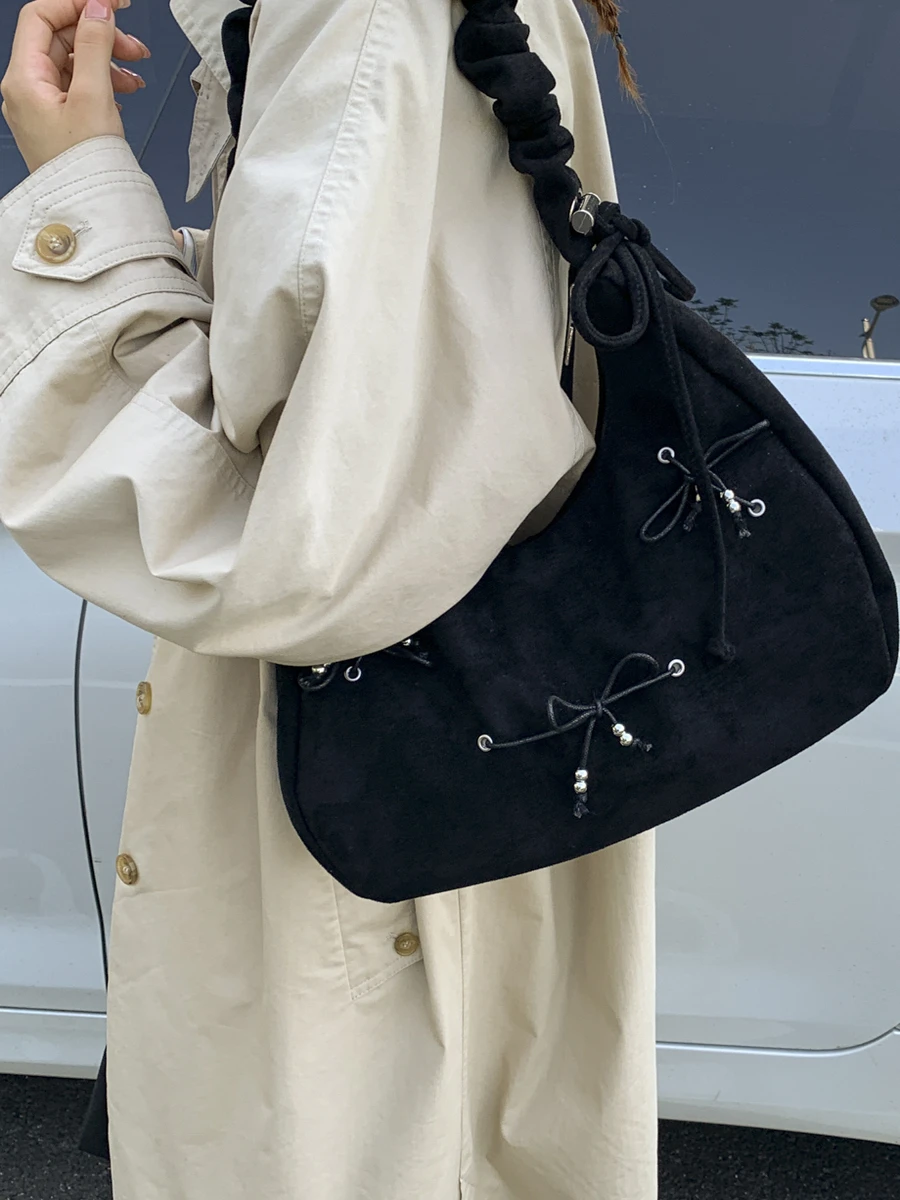 

Ретро модная плиссированная женская сумка из искусственной замши, шикарная большая вместительная сумка с бантом, повседневные сумки, осенние женские сумки-мессенджеры