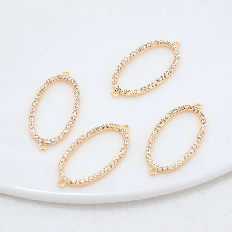 12x26MM 14K Gold Color Brass and Zircon 2 Holes Oval Connect Charms Pendants Necklace Jewelry Making Supplies Diy Accessories