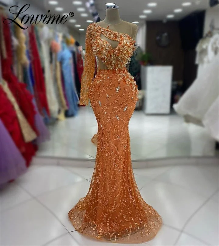 Crystals Orange Aso Ebi Mermaid Prom Dress One Shoulder Sequined Lace Evening Gowns Party Second Reception Dresses Custom Made