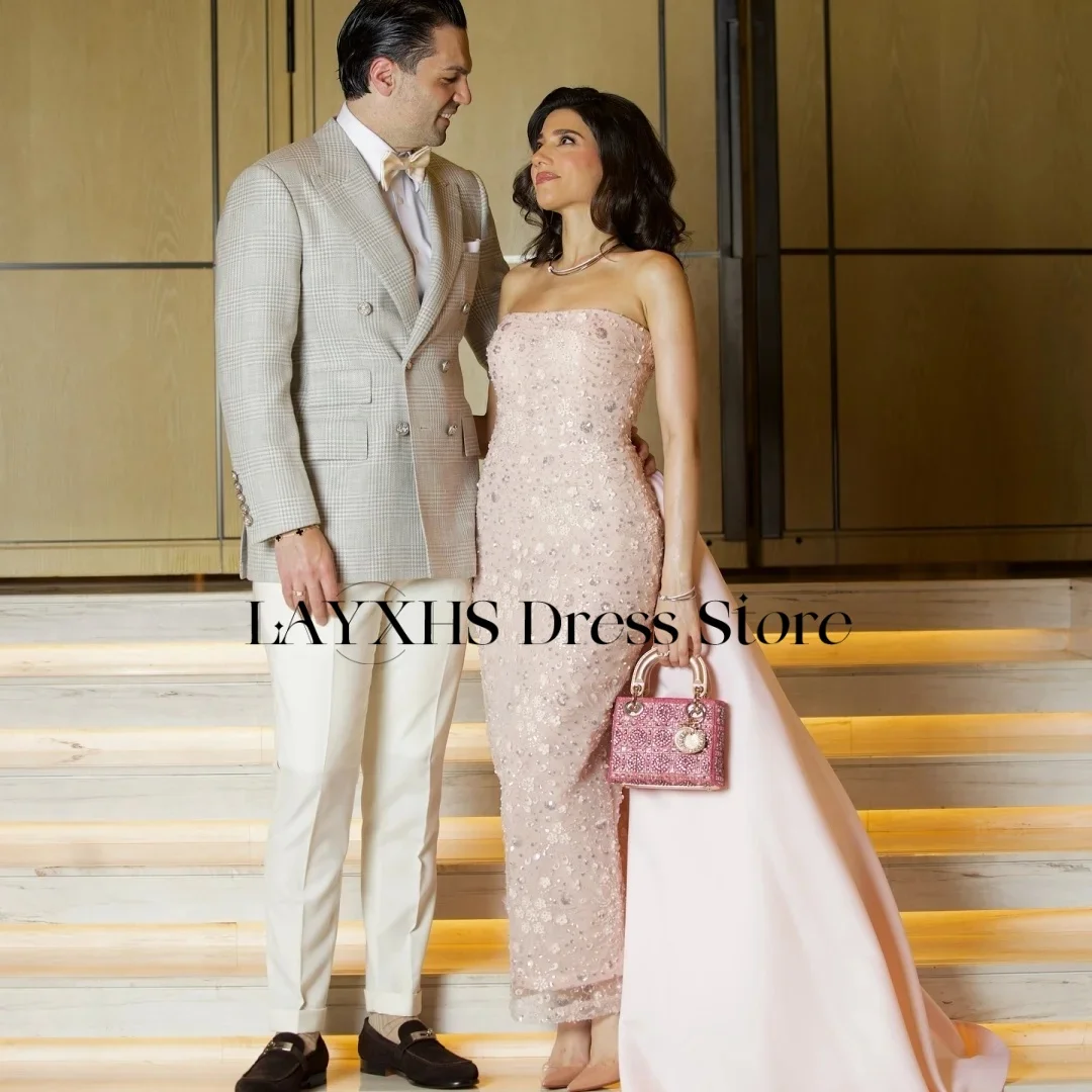 Layxhs lindo rosa glitter sereia vestidos de noite sem alças frisado tornozelo comprimento tribunal trem vestidos de baile personalizado