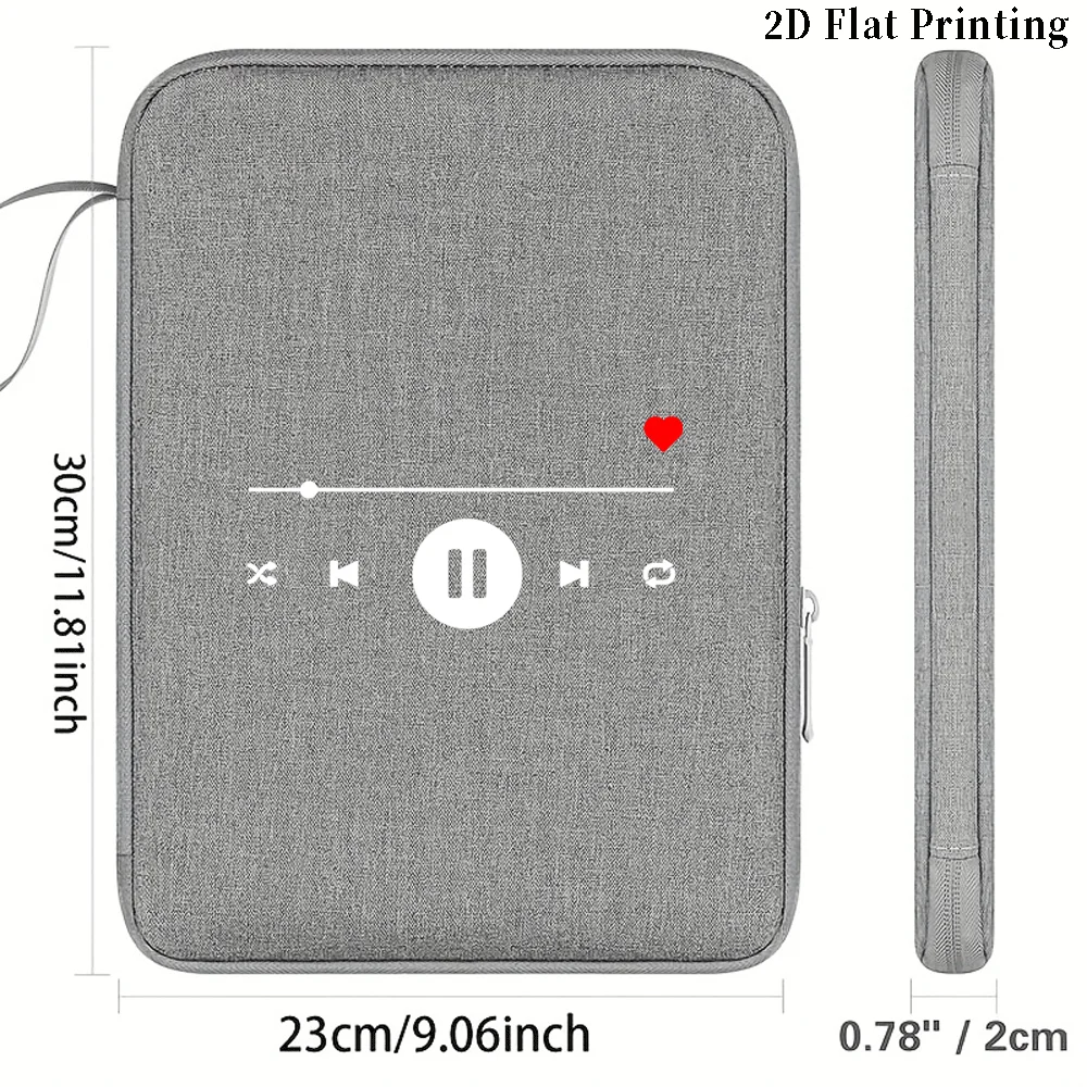 1PC 2D Flat Print Simple Play Button iPad Sleeve, Grey Creative Music Symbol Decor, Shockproof Scratch Resistant, Zipper Closure