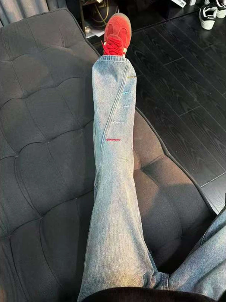 

Retro Blue Men's Denim Pants Asymmetrical Hem Bell Bottoms American Style Casual Wear Standard Fit Wear Resistant Spring Season