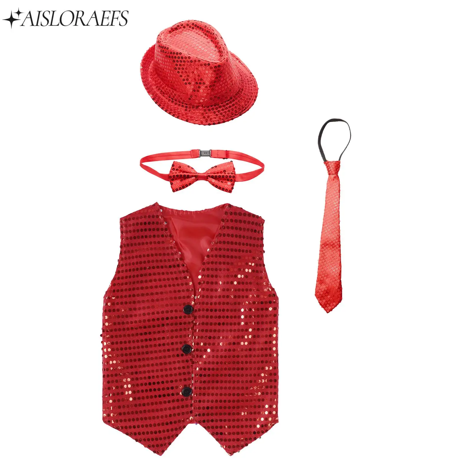 

Kids Boys Glittery Sequin Jazz Dance Outfit 4 Pcs Sleeveless Buttons Vest with Hat And Bowtie Necktie for Performance Party Wear